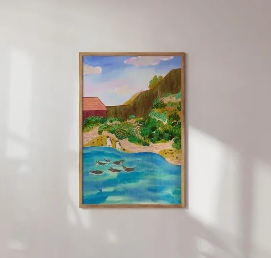 Arte de pared El estanque y los pingüinos, arte de pared colorido, arte de pared de paisaje