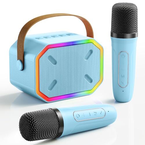 Mini Karaoke Machine with 2 Wireless Microphones: Professional Blue With 2 Mics
