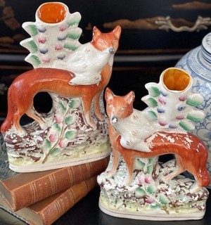 Stunning RARE 19C English Staffordshire Red Fox Bird Mantle Spill Vase Pair 10”