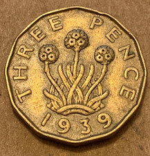 GREAT BRITAIN 1939 BRASS THREEPENCE (very-fine)
