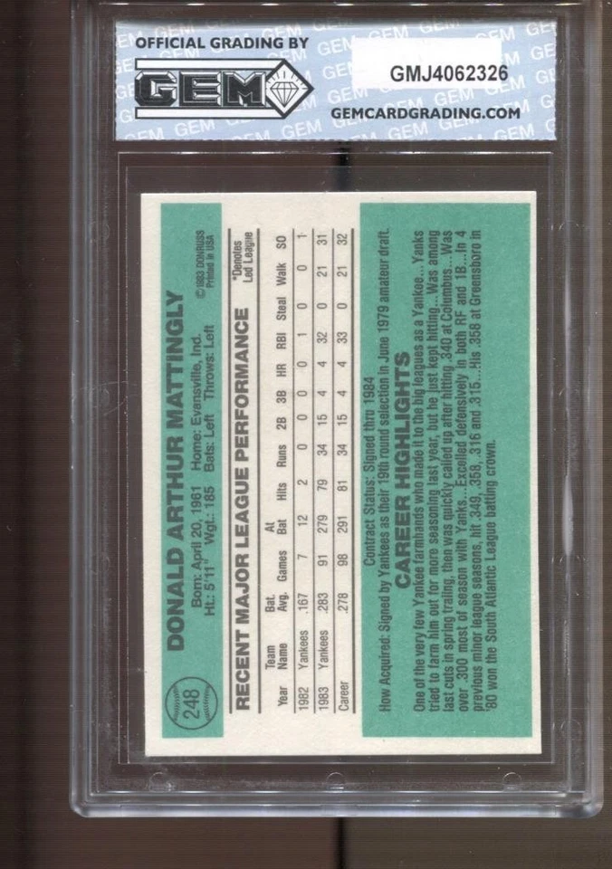 Don Mattingly Donruss #248 1984 gema como nueva 10 radiocontrol novato New York Yankees Foto 2 de 2