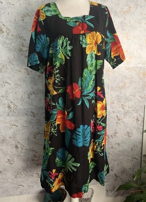 La Cera Womens Size L Tropical Floral Rayon Maxi Dress Kimono Black Resortwear
