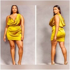 PRETTY LITTLE THING x Naomi Campbell Chartreuse Satin Extreme Cowl Bodycon Dress
