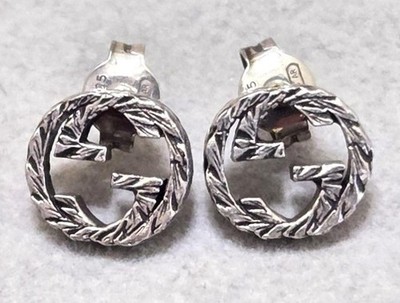 GUCCI Interlocking Double G 925 Earrings Arabesque Smoked w/Storage Bag Boxed