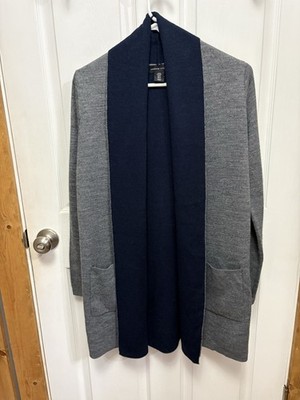 Adrienne Vittadini Gray/Blue Knit Open Front Collared Tunic Cardigan Sweater M