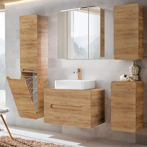 BadmöBel Komplett Set Wotaneiche Hochschrank HäNgeschrank Unterschrank GäSte-Wc-image