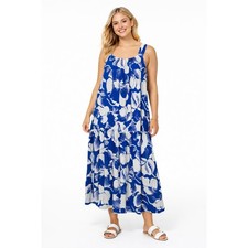 Wonderly Sleeveless Maxi Dress Women L Blue Floral Tropical Travel Vacation Boho