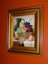 ORIGINAL OLD VINTAGE Basket Pitcher Fruits Still Life Table Oil on Cnvs Painting