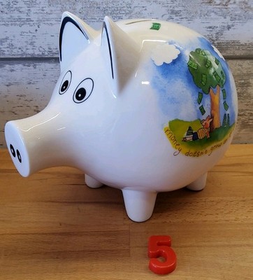 Vintage großes Geld wächst nicht auf Bäumen Sparschwein Keramik Figur OHNE Schlüssel