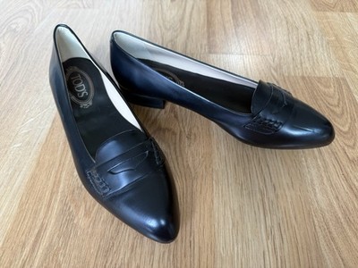 Tod s Black Leather Penny Loafers Rubber Sole - Size 38 EUC