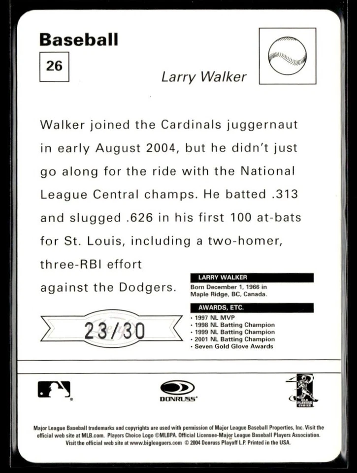 2005 Leaf Sportscasters 30 Red Leaping-Bat Larry Walker 23/30 Cardinals #26 - Image 2 of 2