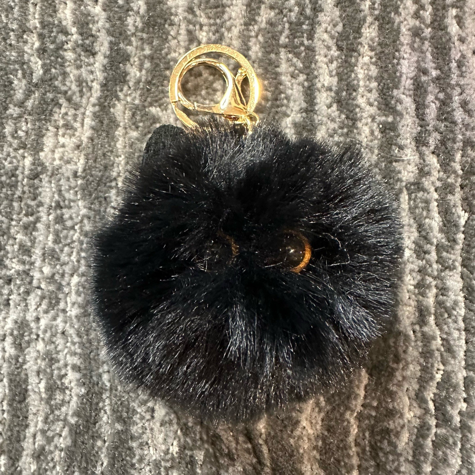 Black Cat Fluffy Keychain Key Holder Pom Pom Fur Bag Charm w/Ears Cat Lady Gift