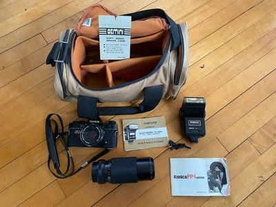 Vintage Konica FP-1 Camera Bundle Incudes Lenses and Flash Plus Gemini Bag Lot
