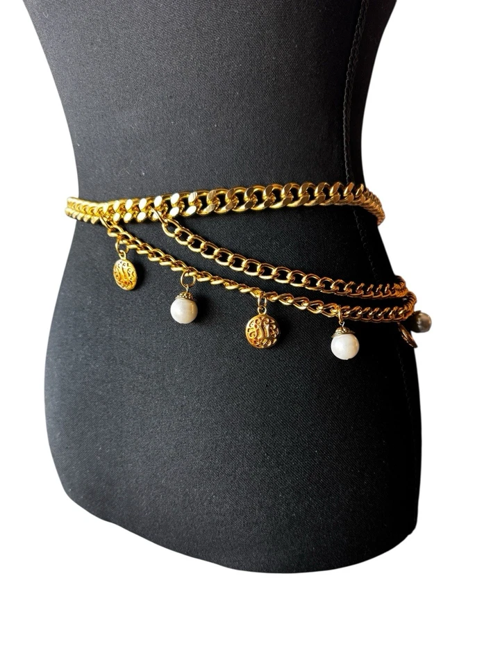 Vintage 90’s Gold Medallion Triple Chain Waist Belt Multi Layer Pearls 38” - Image 2 of 4