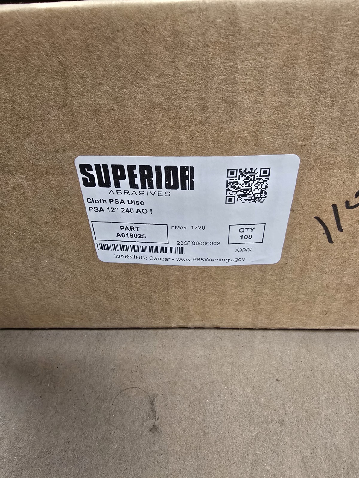 Superior Abrasives, 12", 240 Grit, Aluminum Oxide, Adhesive PSA DIsc, Box Of 100