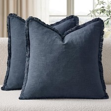 Linen Fringe Throw Pillow Covers Set of 2 22" x 22" Pack of 2 Indigo Blue