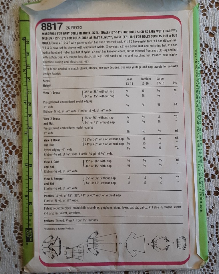 Vintage Baby Doll Sewing Pattern 15/ 16" SIMPLICITY 8817 UNCUT 1978