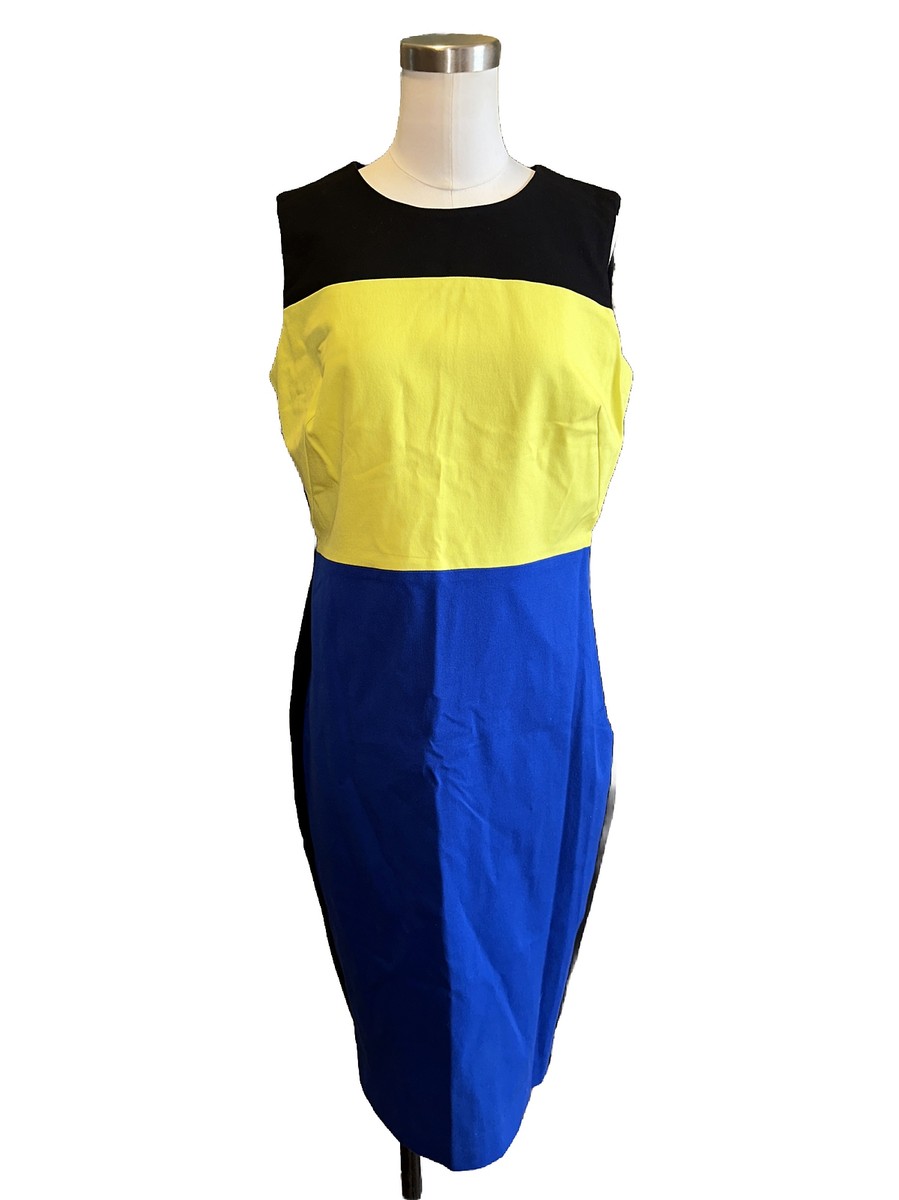 Calvin Klein Dress 12 Color block Lime Green Black Blue Sleeveless Sheath  Career