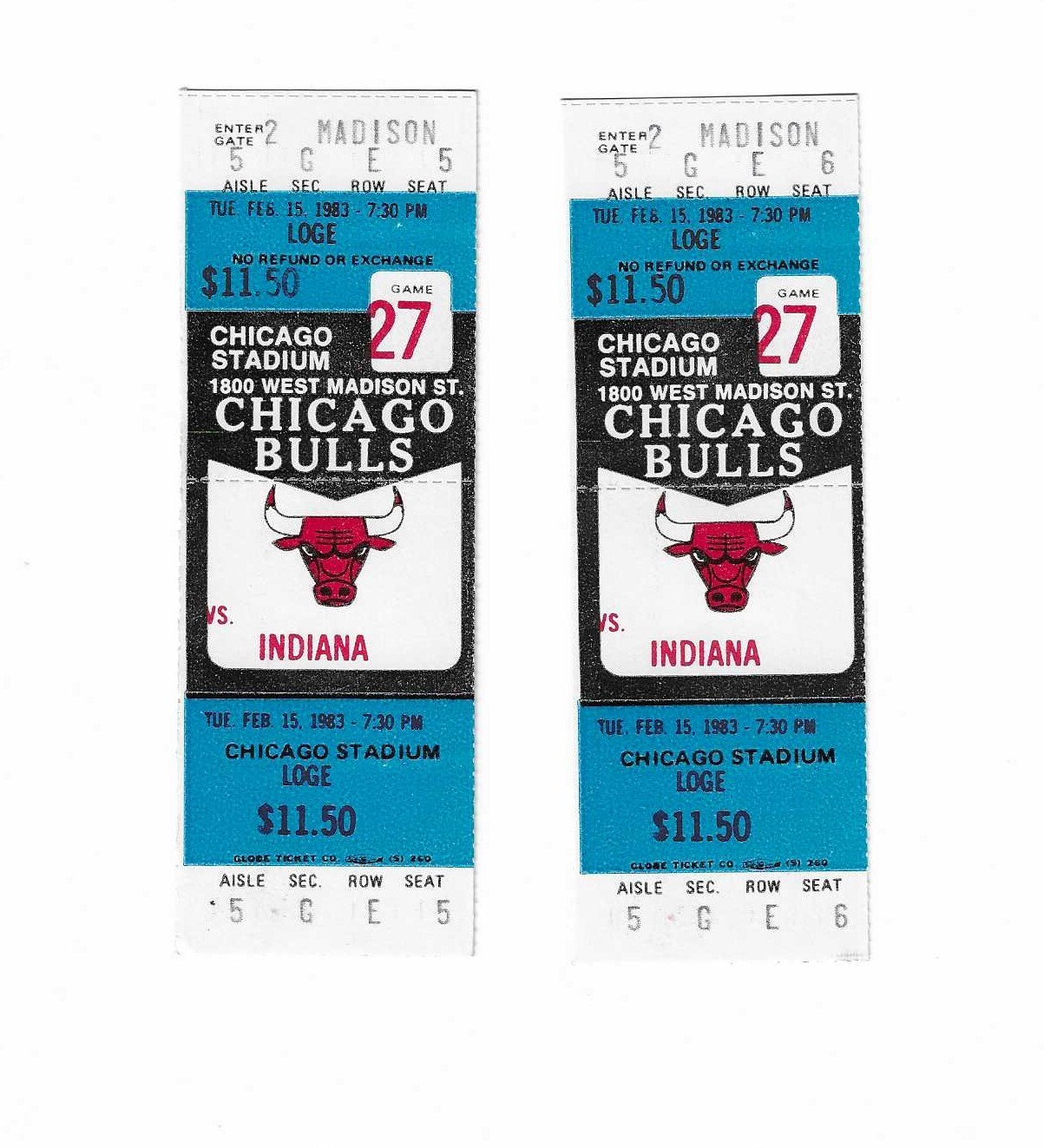 Chicago Bulls vs Indiana Pacers Unused Basketball Tickets From 2/15/1983