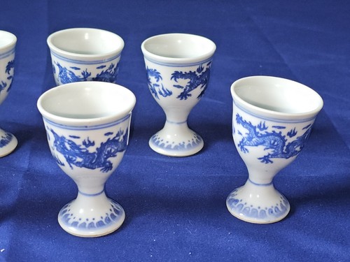 Vintage Set of 8 Jingdezhen Chinese SerpentDragon Blue White Porcelain Sake cups - Picture 8 of 20