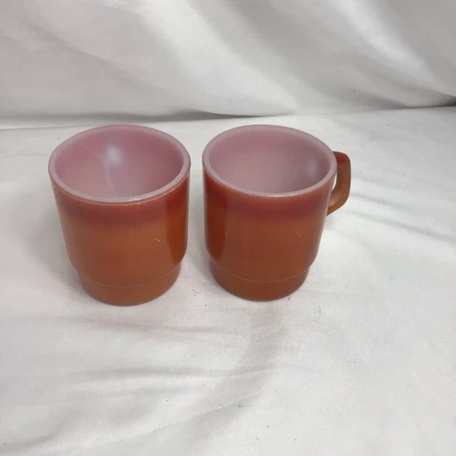 2 Vintage Fire King Anchor Hocking Orange Stacking Coffee Mug Cup MCM