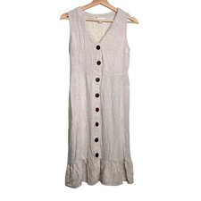 Monteau Los Angeles Beige Linen Blend Ruffled Hem Button V-Neck Dress Girls XL