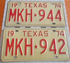 1974 Texas Passenger License Plates Pair MKH 944  Vintage