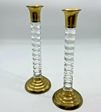 Lucite & Brass Candlestick Holders 8.25" Tall Pair Mid Century Modern T402