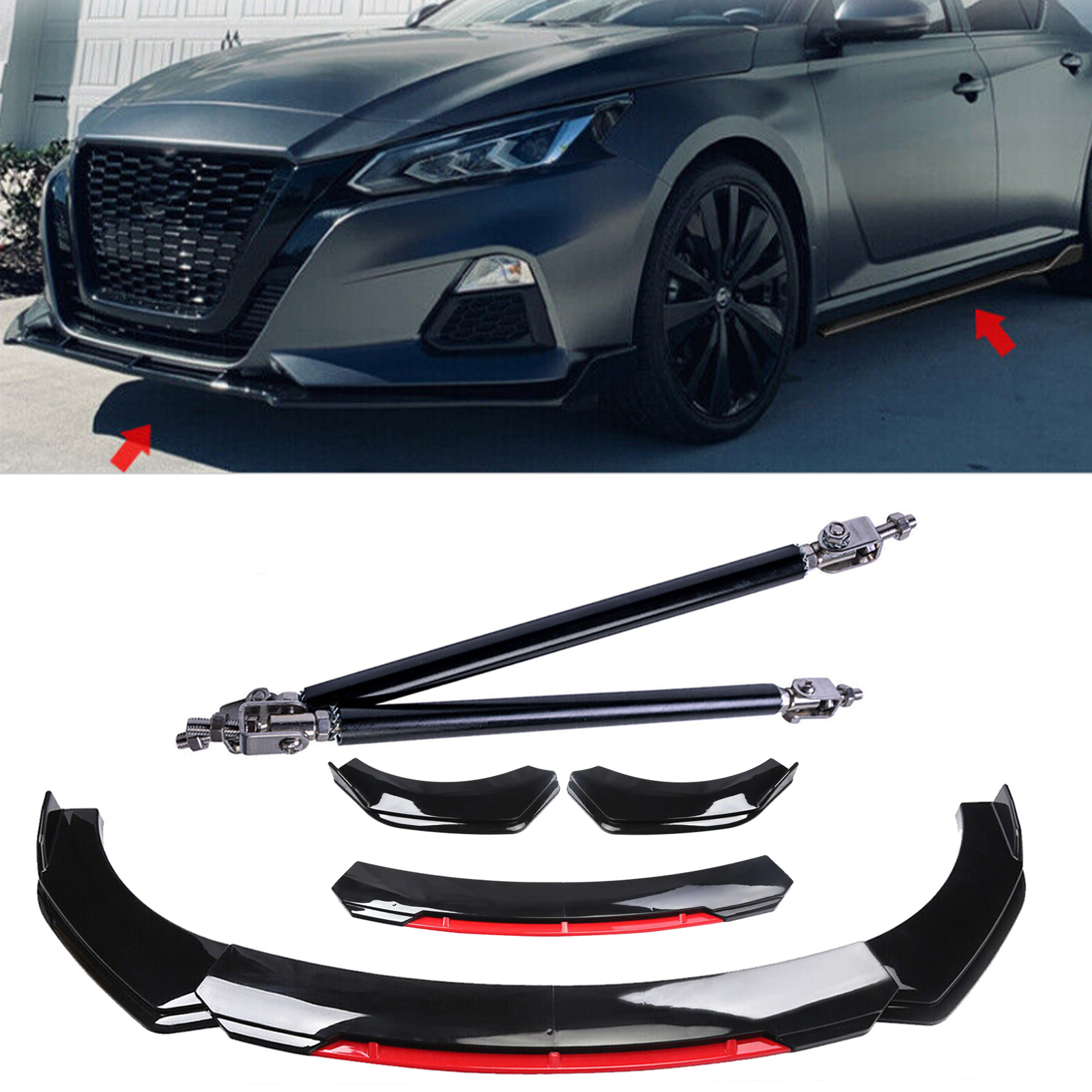 2019-2021 Nissan Altima Front Bumper Lip Chin Splitter with Glossy Strut Rods