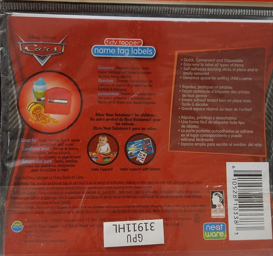 LOT 7 PKG 126 Total NEAT SOLUTIONS CHILDREN Name Tag Sticker Labels DISNEY CARS