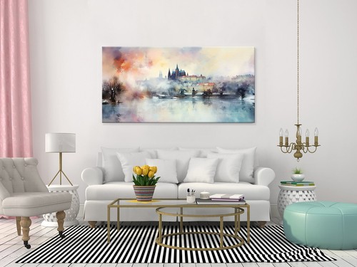 Foggy Day In Prague Canvas Print, Skyline Landmarks Watercolour Painting Style, - Picture 9 of 10