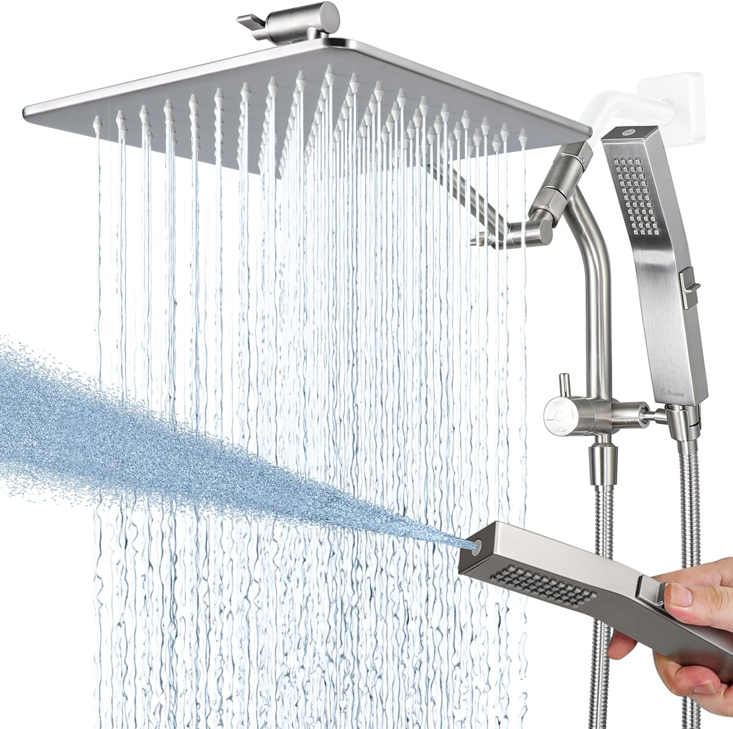 All Metal 10'' Rain Shower Head with Handheld Built-In Power Wash Mode 3-Way Div