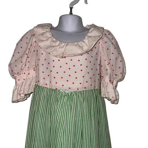 Handmade 2 Piece Apron Dress Girls 5 Hearts Patchwork Corduroy Puff Sleeves Cute - Picture 7 of 12
