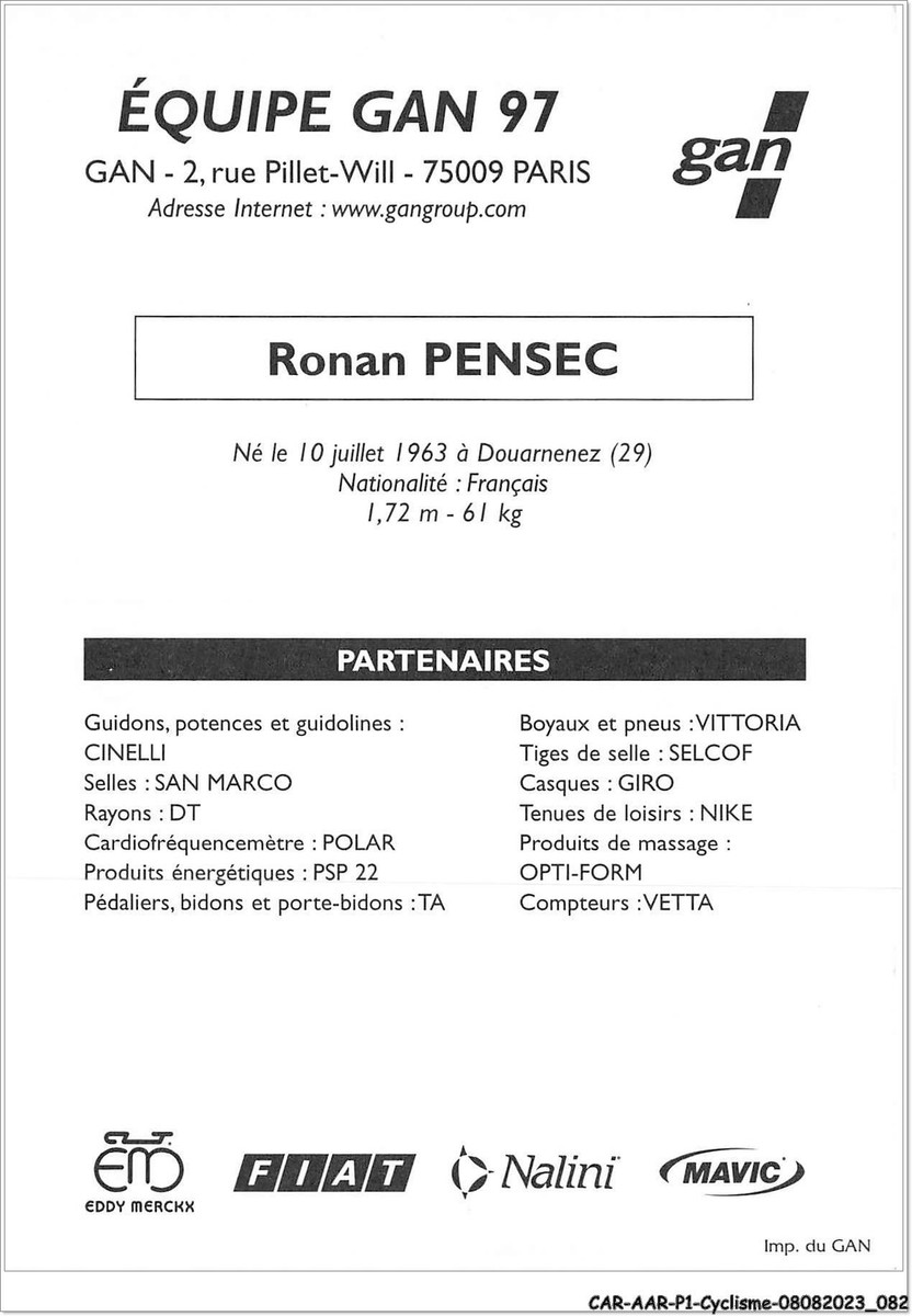 Car AARP1 0044 Cycling Ronan Pensec Team Gan 97 Original