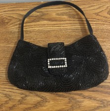 Small Black Beaded Evening Bag, Snap Closure, Zippered Inside Pocket.