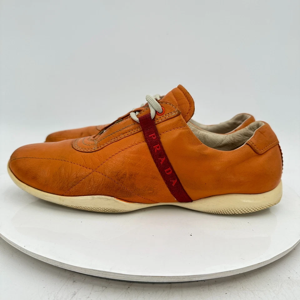 Prada Women Size EU 36.5 US 6.5 Brown Tan Red Line Leather Lace Up Casual Shoes - Image 2 of 4