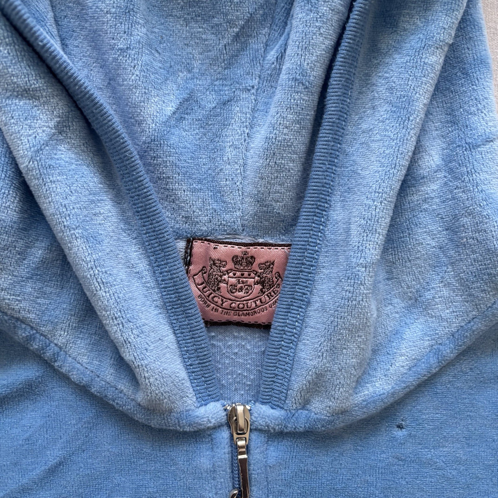 Womens Vintage Pale Blue Velour Hooded Sweatshirt 90s Retro Sportswear Medium image 4