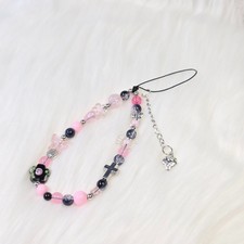 Sweet but Cool Phone Charm   Pink  Black Beaded Chain with Butterfly and Cross
