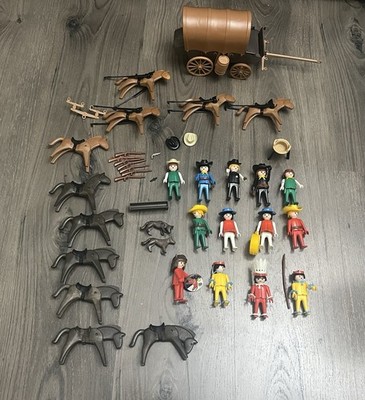 Vtg Playmobile Western Covered Wagon Sheriff Horses Figures Cowboy Indian Lot