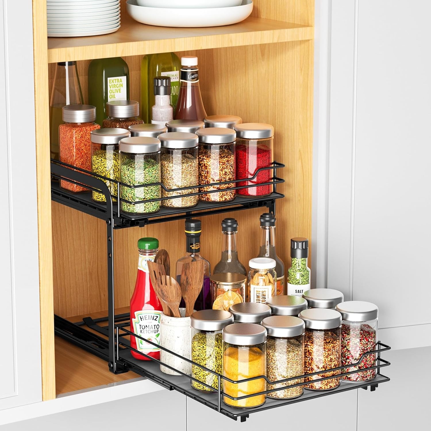 Spice Rack Organizer for Cabinet,2 Tier Pull Out Spice Racks for Inside Cabinets