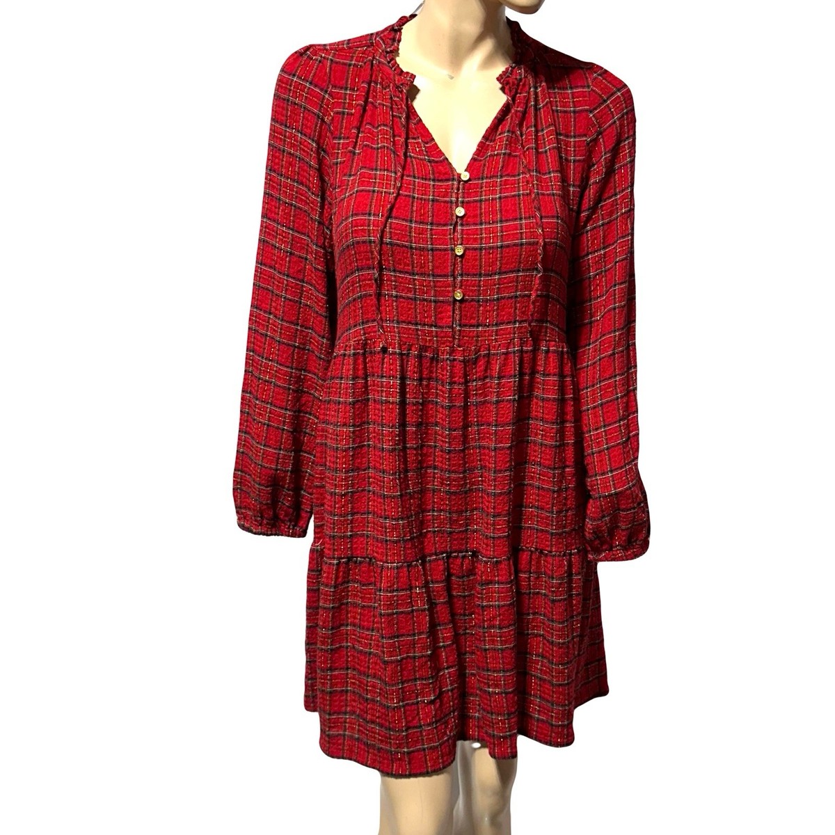 LOFT Red Plaid Dress Size S Long Sleeve Tiered Gauze Gold Metallic