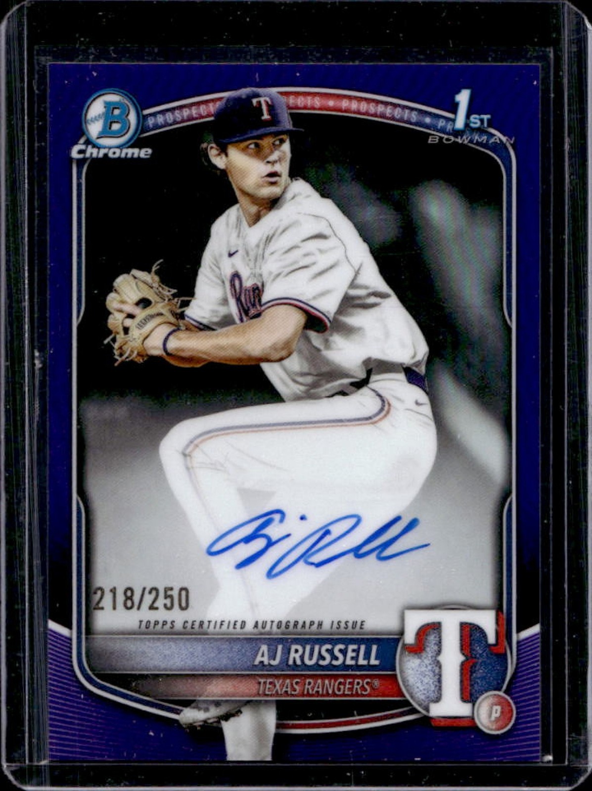 2025 Bowman Draft AJ Russell Chrome Auto Purple Refractor 1st #/250 Rangers