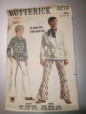 1970s Butterick Pattern 5273 Mens Pullover Shirt V-Neck Size Small Chest 34-36"