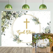 Greenery God Bless Backdrop, 8x6FT, First Holy Communion, Baptism, Green, Gold