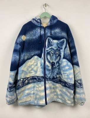 Vintage Wolf Fleece Hooded Jacket Simran Animal Print Outdoor Y2K Men Sz XXL