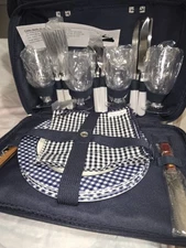 Picnic at Ascot Insulated Cooler Set for 4 Blue Check w/ Utensils & Glasses NEW