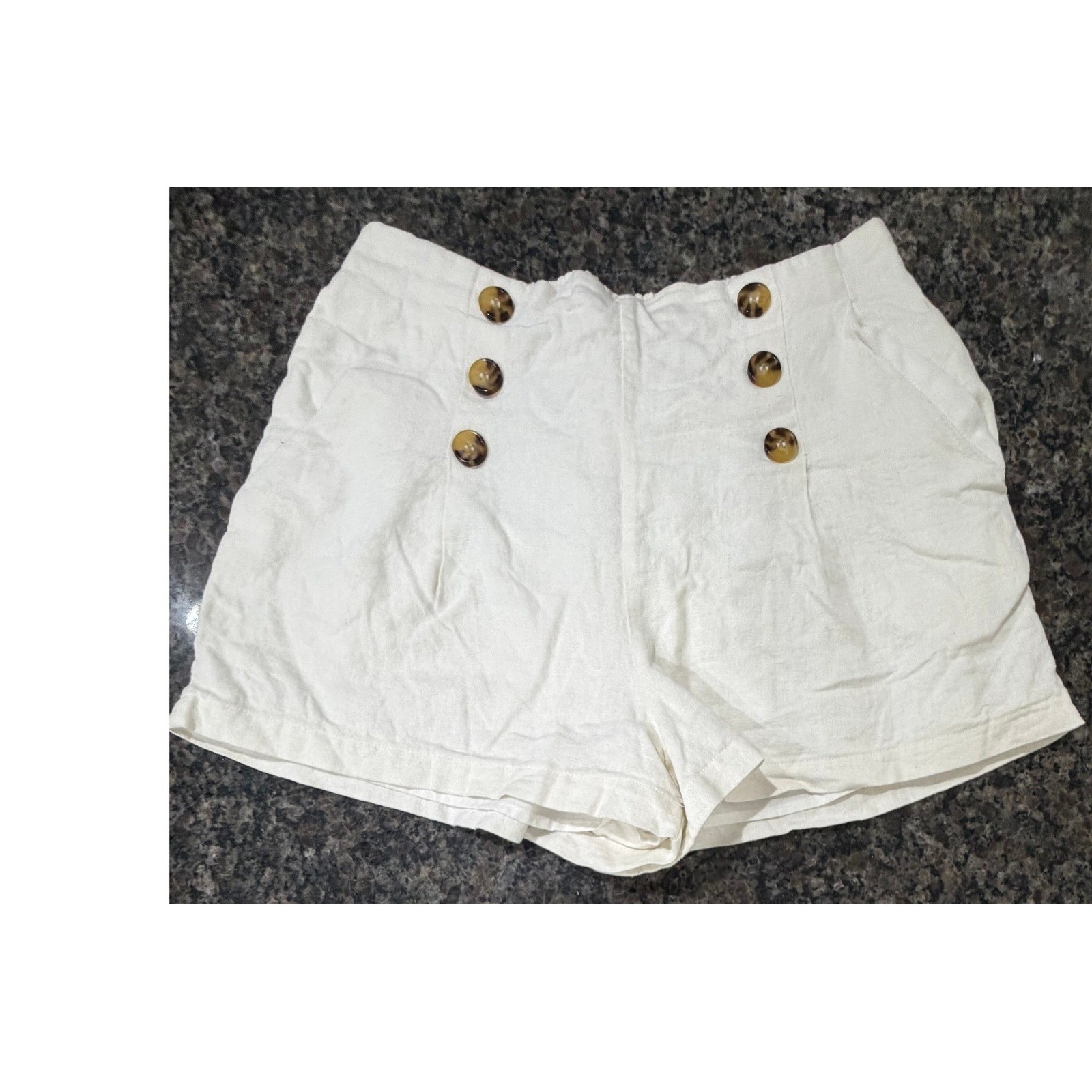 Forever 21 Contemporary Cream Linen Blend High Waist Button Front Shorts Medium