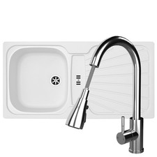 Liquida CMP5WH 1.0 Bowl White Kitchen Sink With KPO11CH Chrome Pull Out Tap