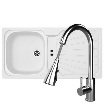 Liquida CMP5WH 1,0 Becken weiß Küchenspüle mit KPO11CH Chrom ausziehbarer Wasserhahn