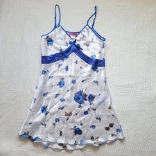 Y2K NWT Womens Large White Satin Slip Dress Blue Roses Floral Bow Coquette